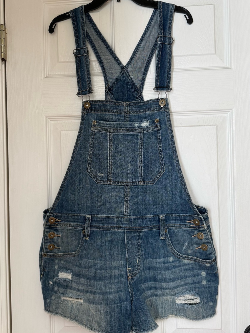 Women's Distressed Denim Short Overalls - Blue, M , cotton spandex blends